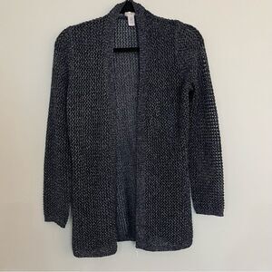 Chico’s Indigo Luster Cardigan. Lucious soft knit in shades of blue and silver.